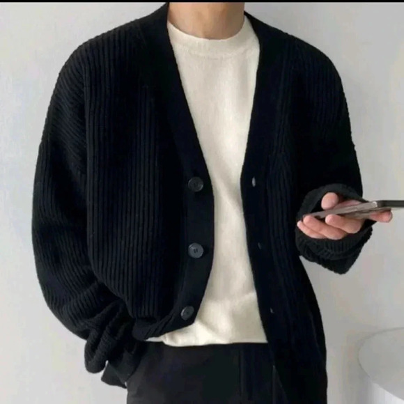 Black Mens Drop Shoulder Cardigan - Picture 1 of 5